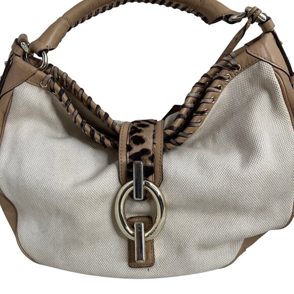 Diane Von Furstenberg Canvas & Leather Hobo Bag With Leopard Print Accent - Picture 1 of 16